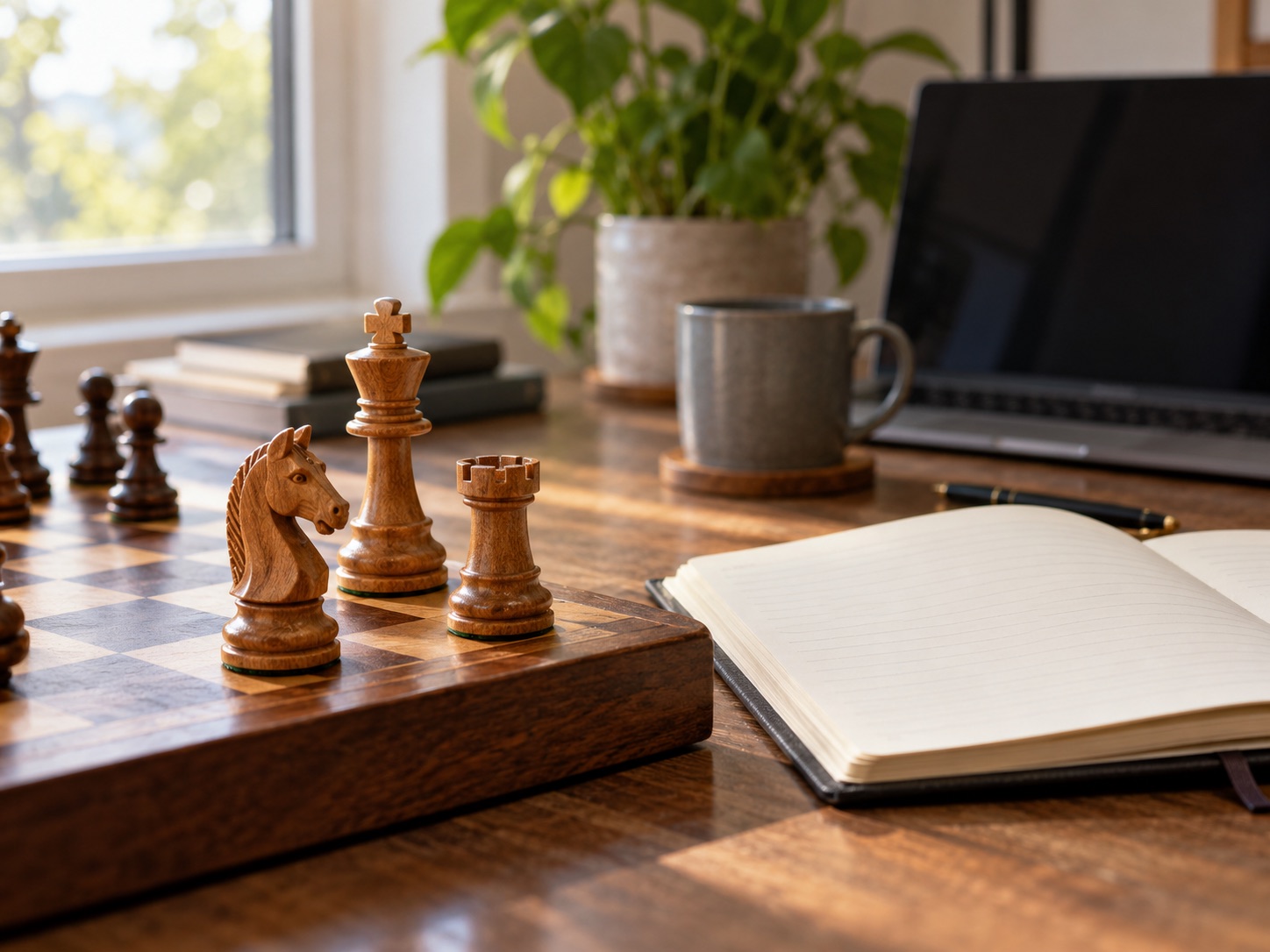 Wooden chess pieces beside a planning notebook and laptop on a business desk