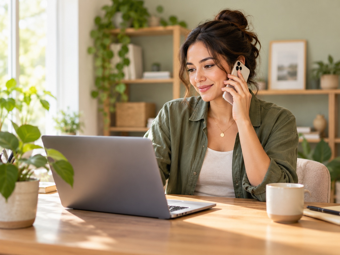 Small-business owner taking a customer call on a smartphone beside a laptop